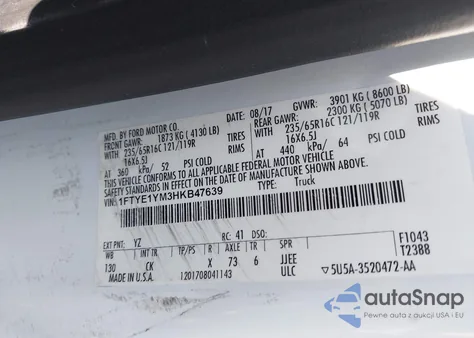 2017 Ford Transit из США, поврежденный, VIN 1FTYE1YM3HKB47639